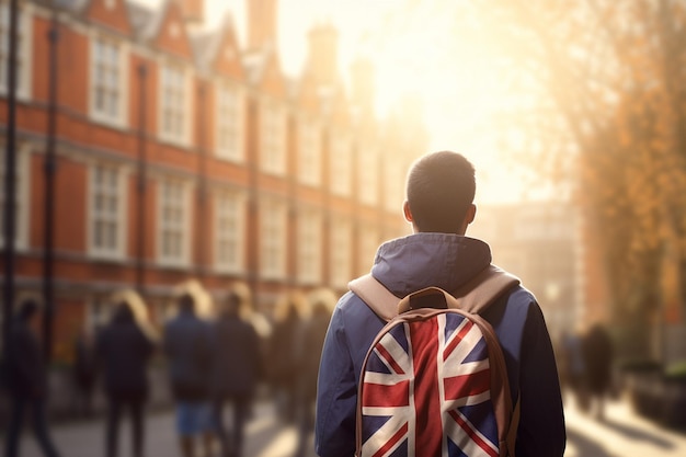 Student in front of the university gate looking at the UK flag UK student going to university