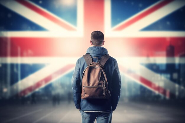 Student in front of the university gate looking at the UK flag UK student going to university