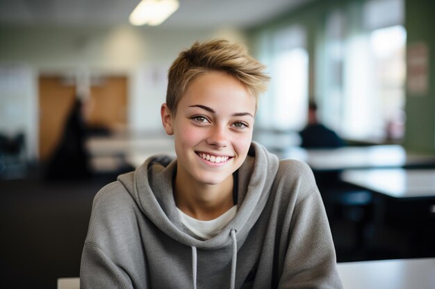 Student girl dressed in sweatshirt in high school classroom