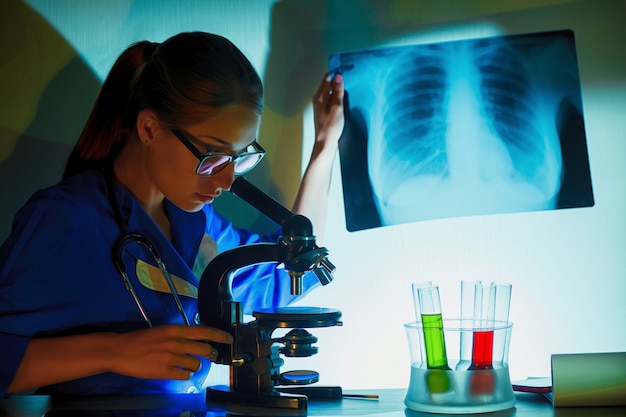 Student girl looking in a microscope, science laboratory concept.