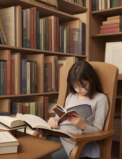 図書館の隅で本を読んでいる学生の女の子