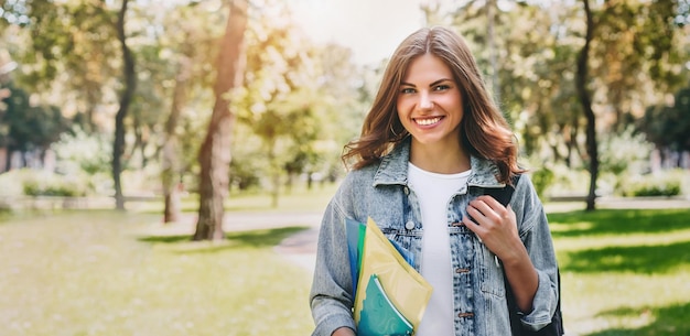 笑顔で公園を歩いている学生の女の子フォルダーとノートを手に持っているかわいいヨン女