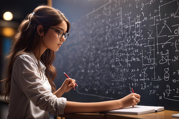 Photo student girl solving a complex mathematical equipment ai generative