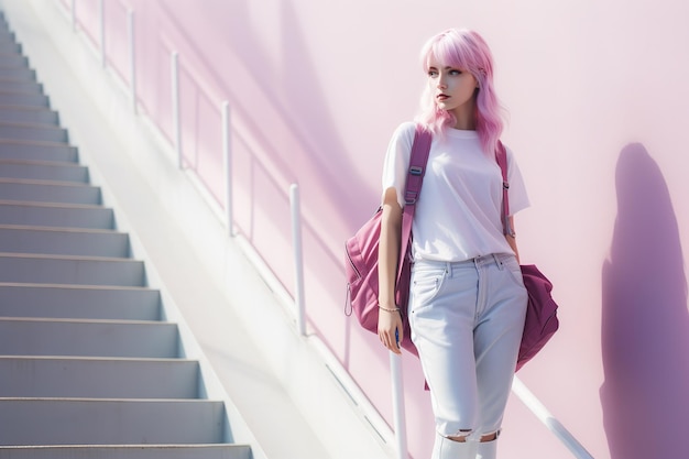 A student girl in white tights and shoes sits on the steps with a pink backpack