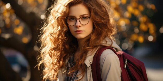 Photo a student girl with a backpack and glasses in the park in autumn