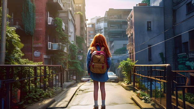 student girl with backpack walk to school Back to school concept AI generated