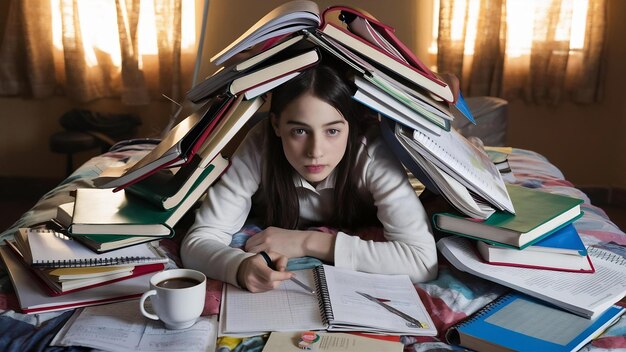 Photo student girl with a heap of textbooks and notebooks