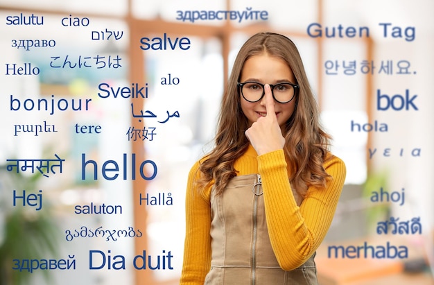 student girl over words in foreign languages