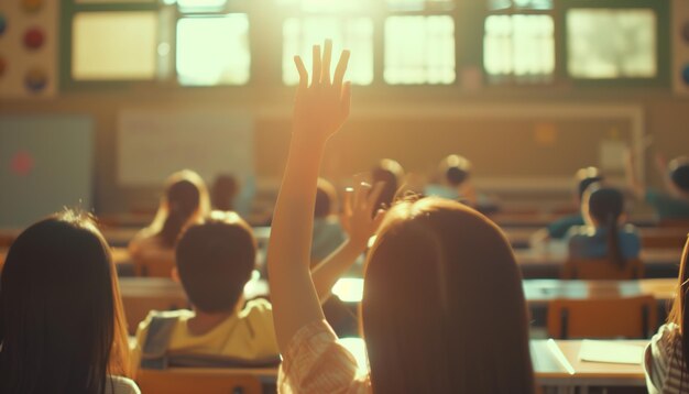 Foto lo studente alza la mano in classe.