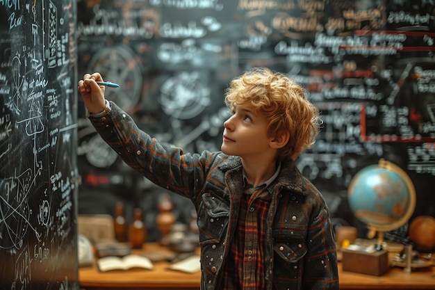Photo a student holds up a blackboard to write on equation