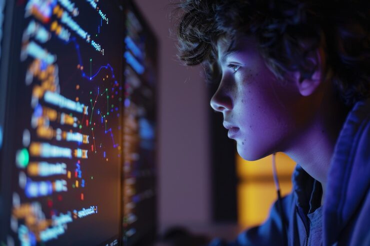 Photo a student intently focuses on the computer screen as they experiment with coding a student experimenting with coding on a computer with lines of code and digital graphics on the screen
