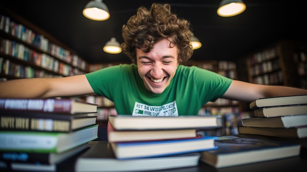 Photo student is looking for information among a pile of books