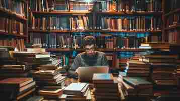 Photo a student is studying in a library he is surrounded by books he is using a laptop he is wearing glasses he is wearing a sweater