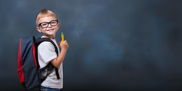 Student jongen met rugzak met potlood Concept van terug naar school AI gegenereerd