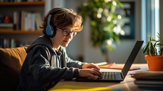 Student jongetje huiswerk op laptop