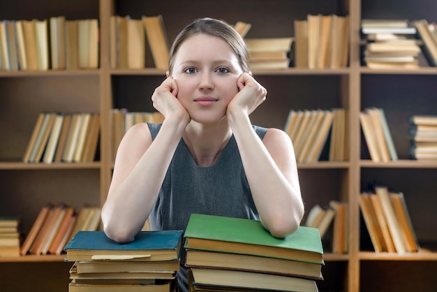 도서관에 있는 학생 소녀가 오래된 책을 읽고 있고 책 더미에 기대어 웃고 있다