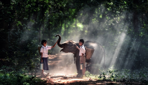 Student little asian boy and girl, countryside in Thailand