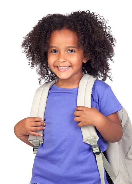 Photo student little girl with beautiful hairstyle isolated over white