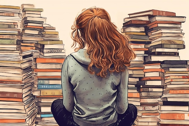 A student looking at a pile of books