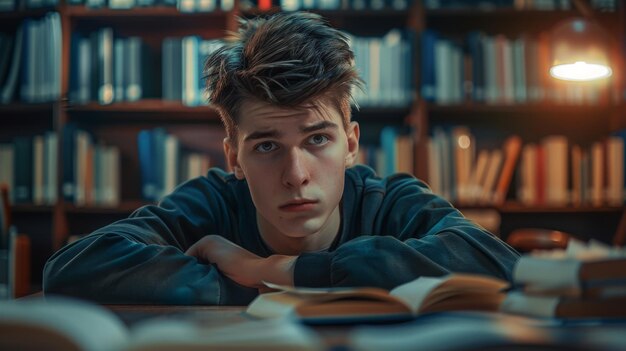 Photo student man have anxiety because of exams male prepare for test and learning lessons in the library