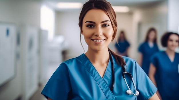 Student of medicine in blue uniform with stethoscope in the background doctor standing with group o