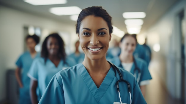 Student of medicine in blue uniform with stethoscope in the background doctor standing with group o