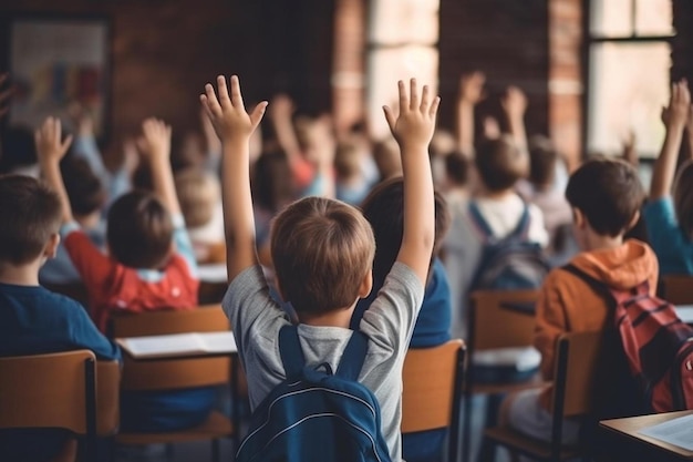 student raising hands in class when teacher teaching indonesian school concept