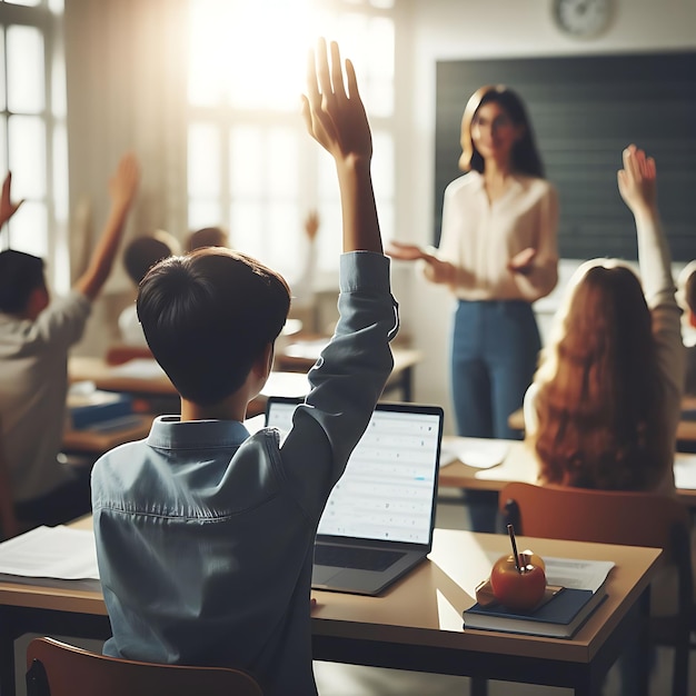 student raising hands in classroom
