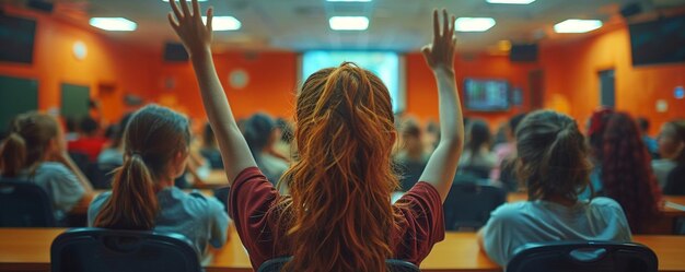 Photo a student raising their hand ask background