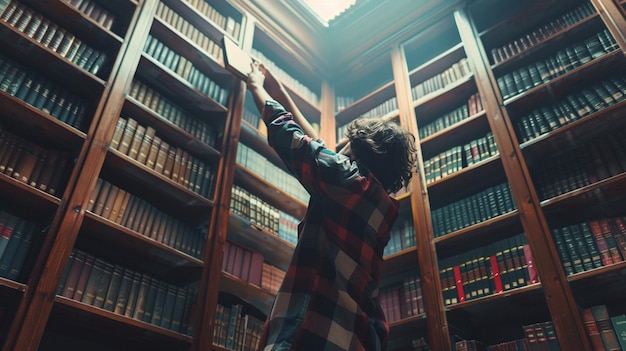 Photo student reaching for book in library