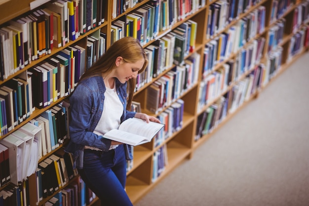 Student reading book in library leaning against bookshelves