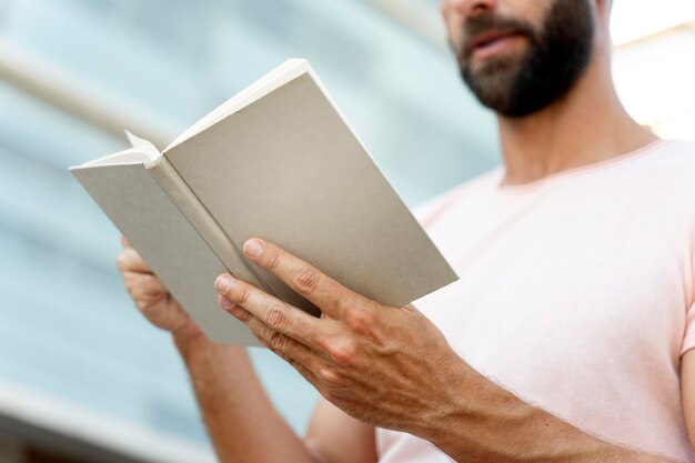 Student reading book, studying, learning language, education concept, selective focus