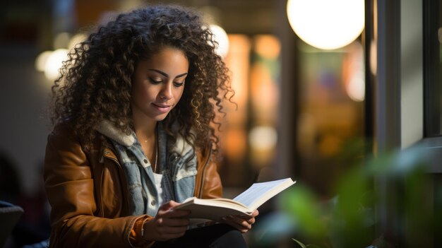 Foto studente che legge un libro di testo in una zona di studio tranquilla