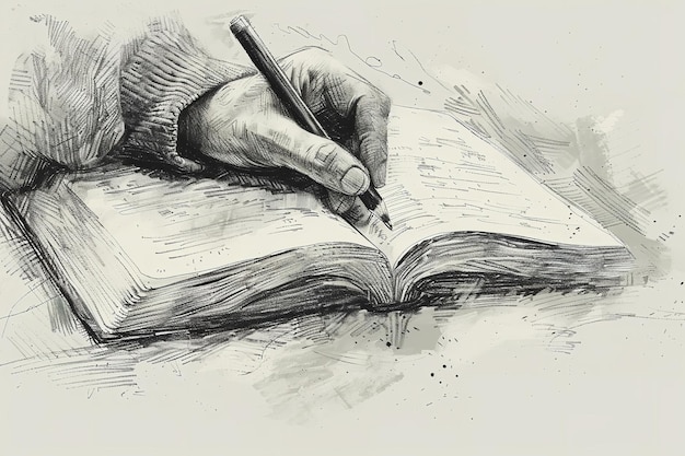 Foto studente che legge un libro di testo mentre disegna con un blocco appunti a mano con schizzi generative ai