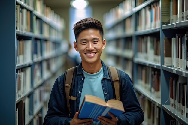 A student reads a book in a library.