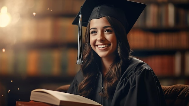 A student reads a book in a library