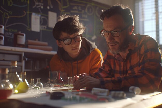 Photo student receiving chemical reaction guidance from