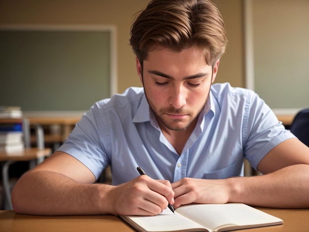 A student sits at a desk in a classroom, writing in a notebook.