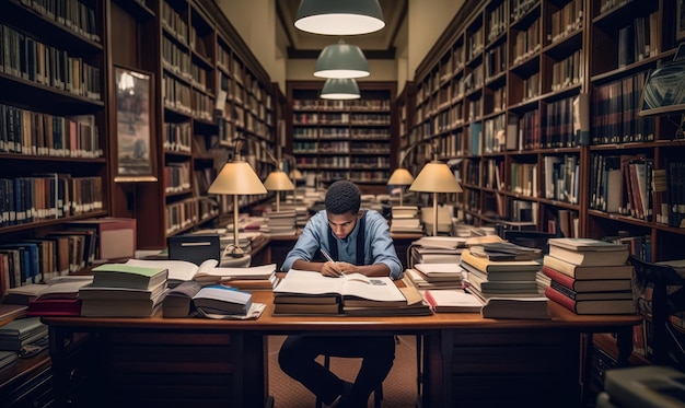 A student sits at a desk in a library reading a book.