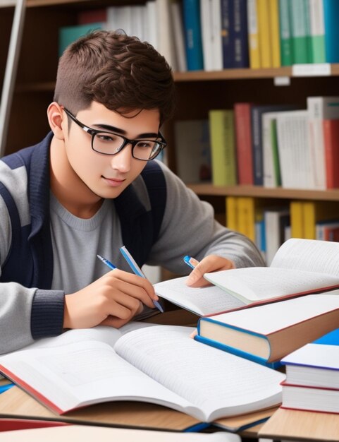 A student sitting in a classroom surrounded by textbooks and notes studying for an upcoming exam