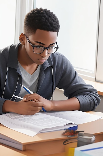 Foto uno studente seduto a una scrivania che studia per un prossimo esame