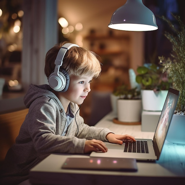 student sitting at the table using headphones when studying