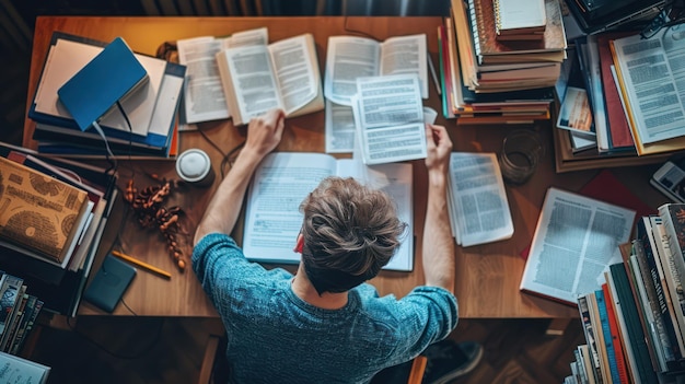 A student studying at a desk with books and papers spread out