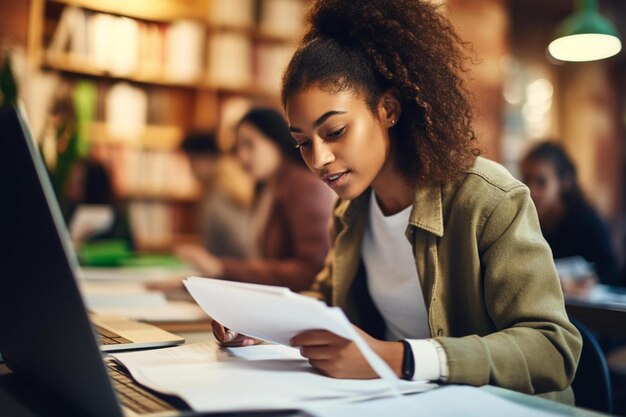 Photo a student studying in a library with other students in the background