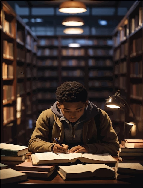 Студент в окружении книг делает записи в тускло освещенной библиотеке.