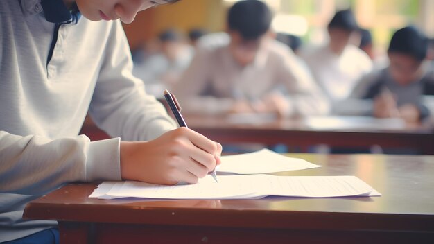 Student taking test asian boy writing note exam learning studying in classroom at school