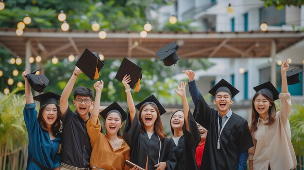 Foto studente che lancia cappelli di laurea