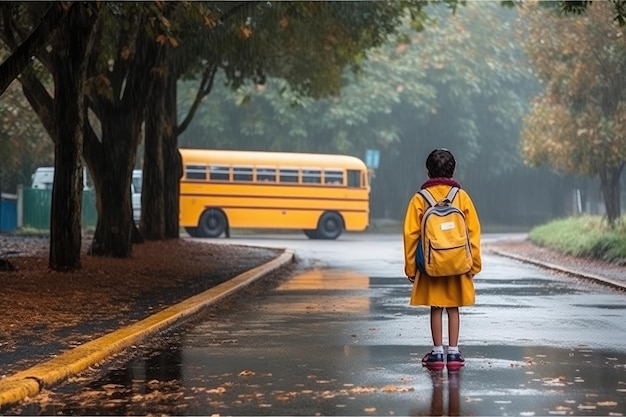 Student waiting for the school bus to go to school Generative AI