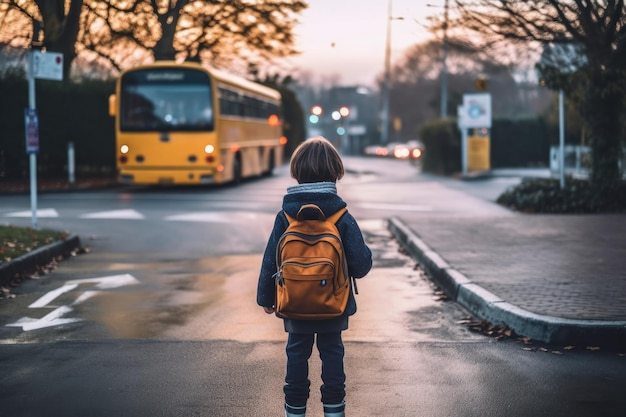 Student waiting for the school bus to go to school Generative AI
