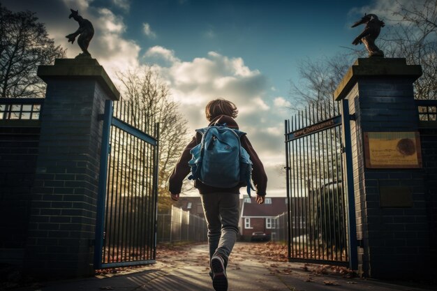 Фото Ученик идет к школьным воротам.